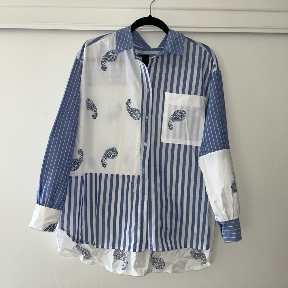 Naz White/blue striped Collared Woman’s  Cotton Dressy shirt XXL